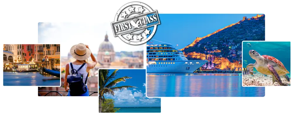 Travel collage with cruise, Venice, beach, and sea turtle